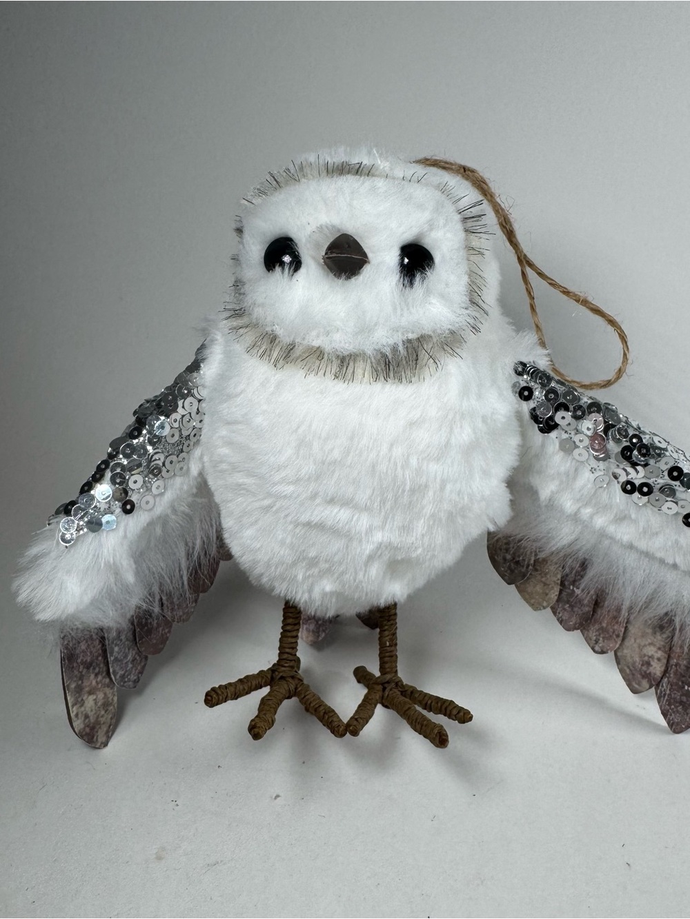 Pottery Barn Furry Snow Owl 6" Sequins Silver White Brown Christmas Ornament